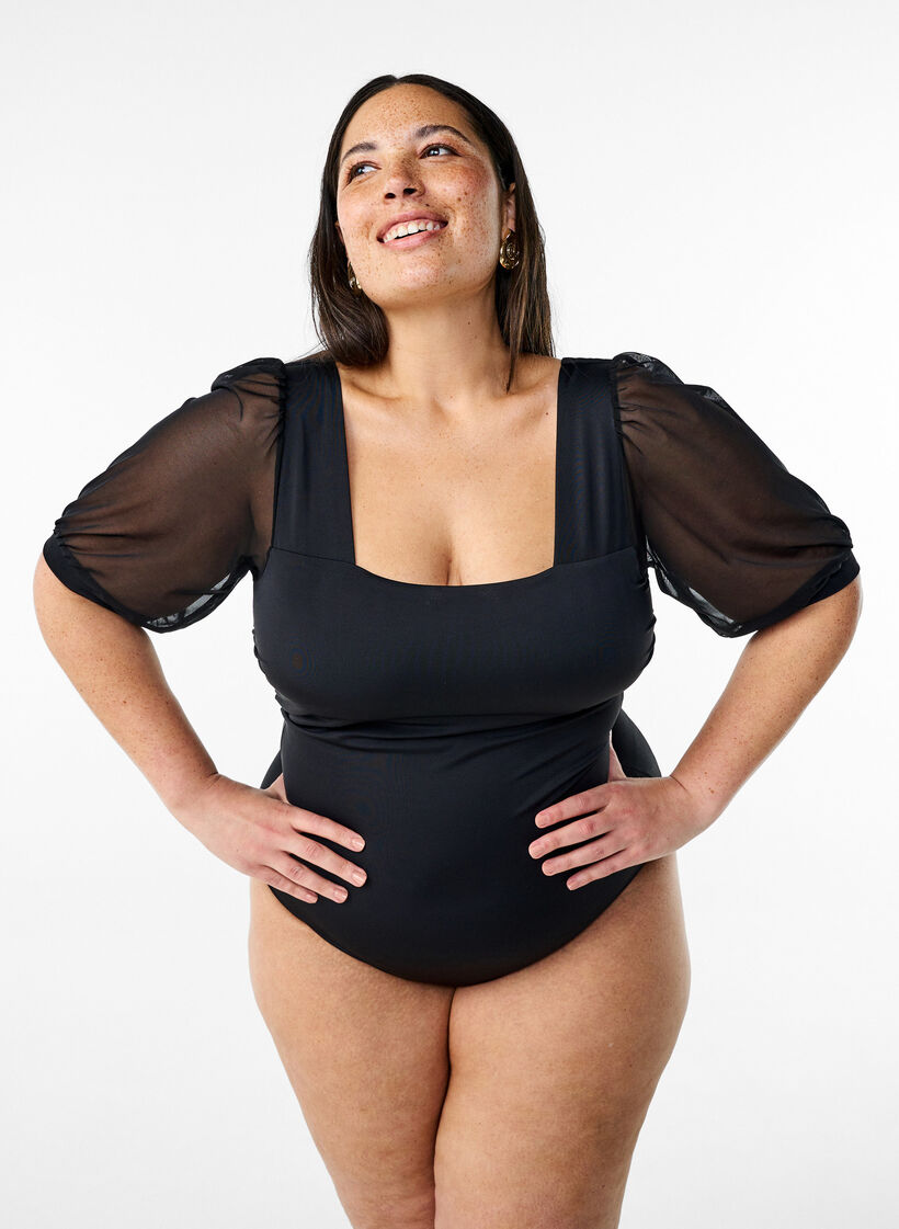 Swimsuit with short mesh sleeves, Black, Model image number 0