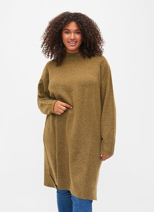 High neck knit dress with slit, Fir Green Mel., Model image number 0