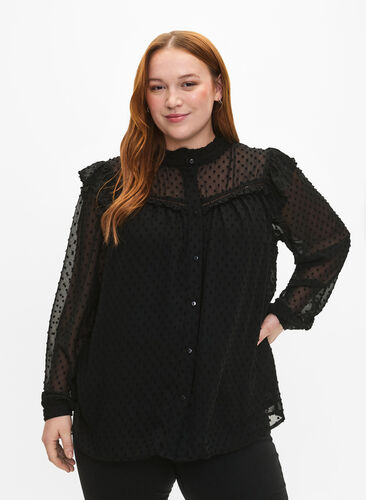 Shirt blouse with ruffles and dotted texture, Black, Model image number 0