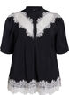 Short-sleeved shirt blouse with lace details, Black, Packshot image number 0