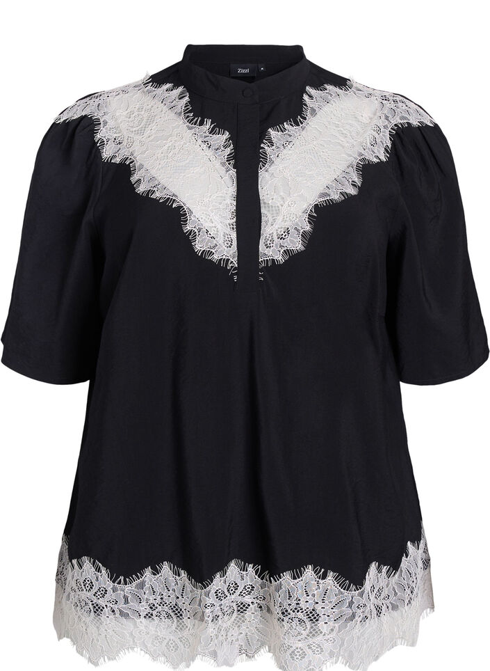 Short-sleeved shirt blouse with lace details, Black, Packshot image number 0