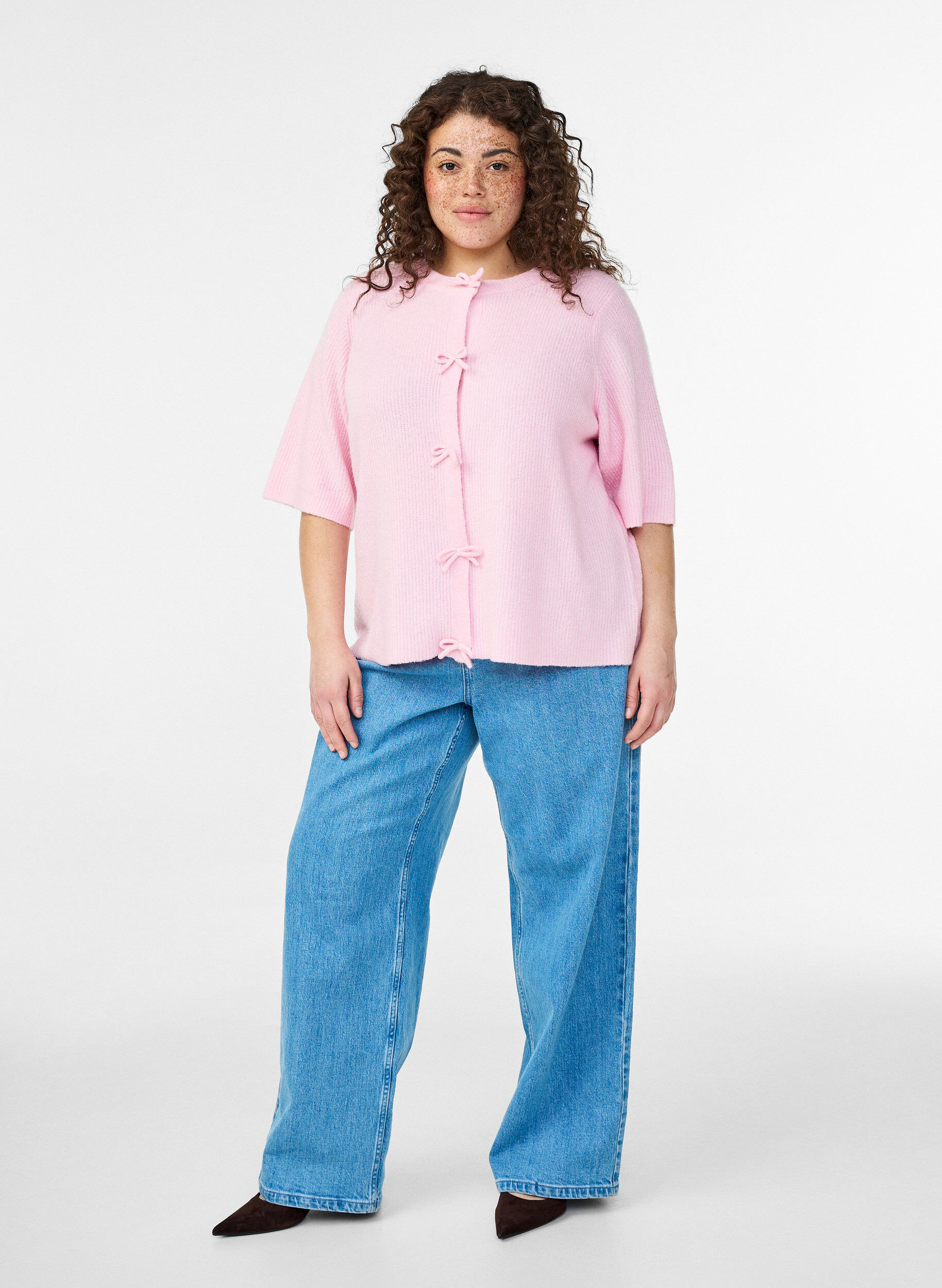 Zizzifashion Short-sleeved knit cardigan with bows, Pink, Model image number 1