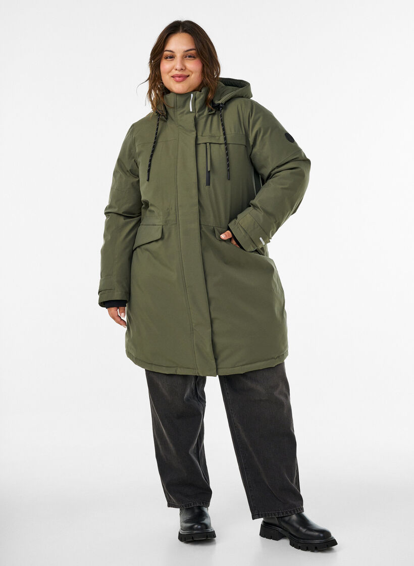 Water-repellent parka with a hood and functional details, Green, Model image number 1