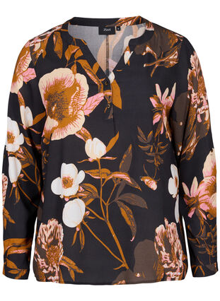 100% viscose blouse with paisley print, Black Flower AOP, Packshot image number 0