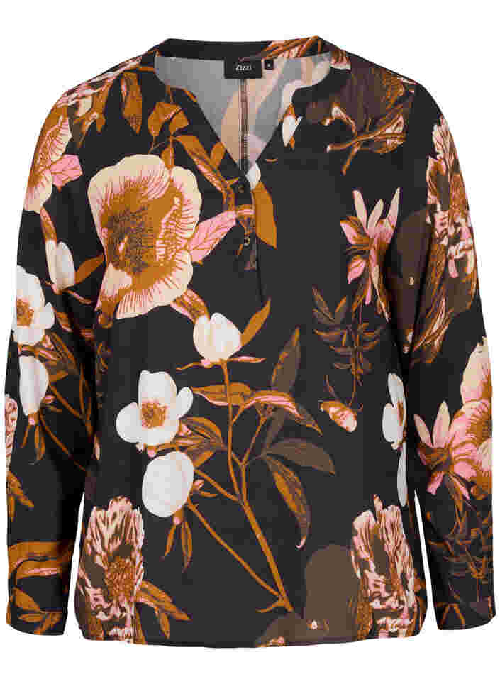 100% viscose blouse with floral print, Black Flower AOP, Packshot image number 0