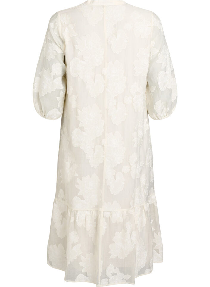 Midi dress with a floral print and sheer 3/4 sleeves, Beige, Packshot image number 1