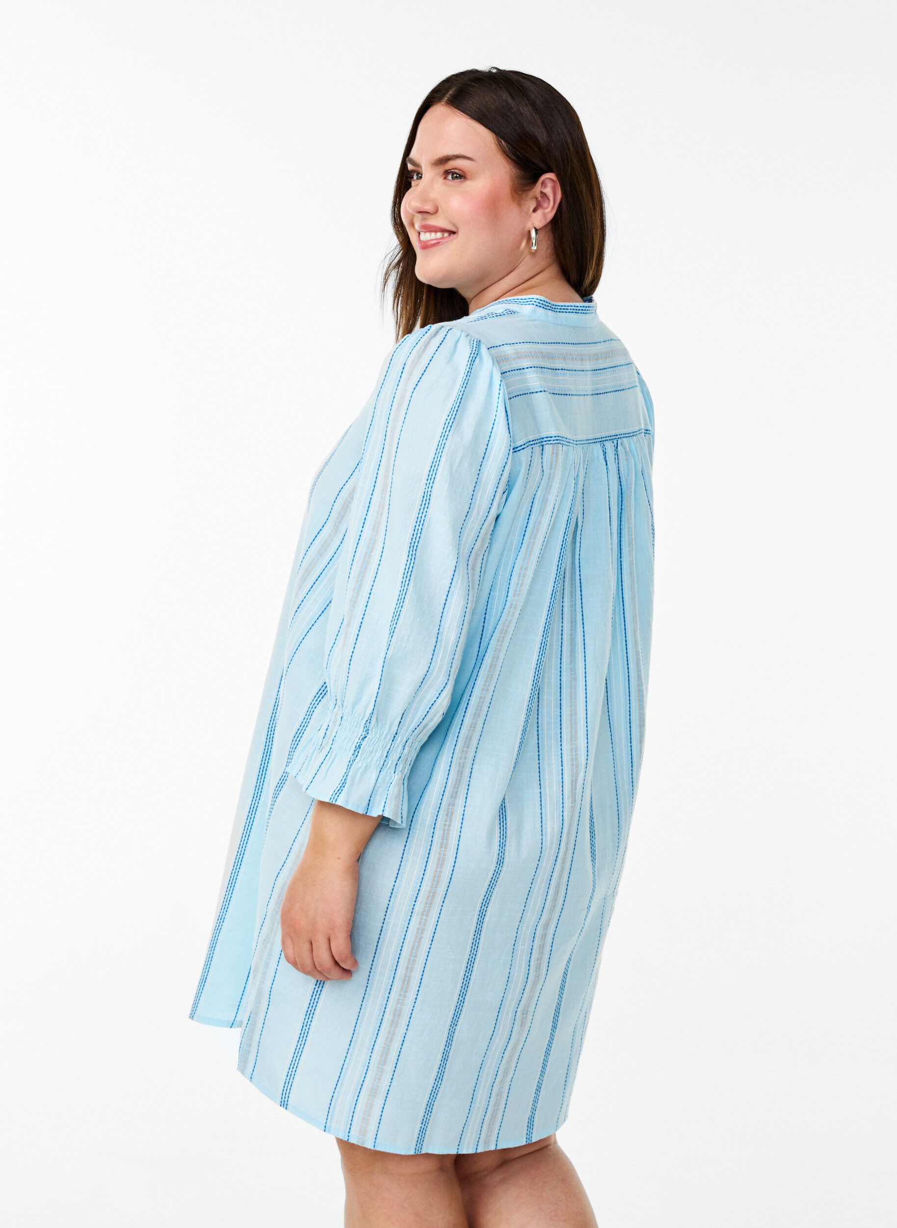 Zizzifashion Short cotton dress with striped pattern, Light Blue, Model image number 2