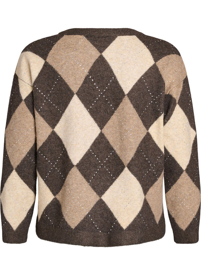 Argyle cardigan with rhinestones, Brown, Packshot image number 1