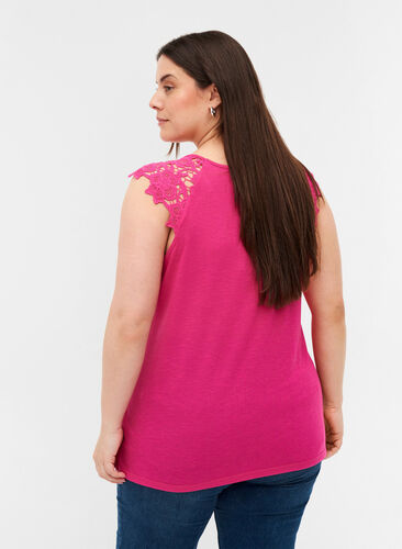 Plain-coloured top with lace sleeves, Fuchsia Purple, Model image number 1