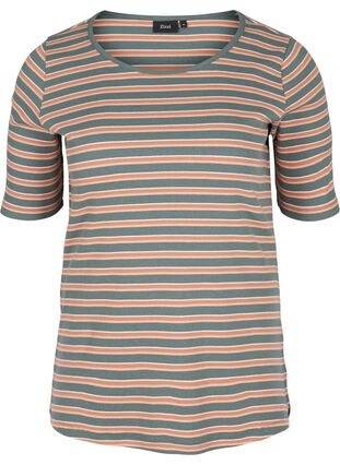 Striped, ribbed cotton t-shirt, Balsam Green Stripe, Packshot image number 0