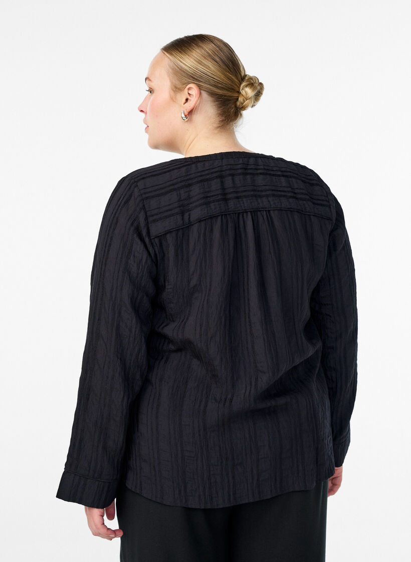 Blouse with tone-on-tone texture and buttons, Black, Model image number 2