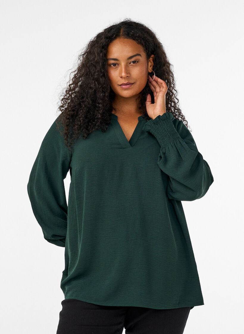 Blouse with smock cuffs and V-neck, Green, Model image number 0