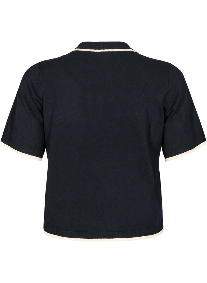 Fine-knit polo shirt with contrast trim, Black, Packshot image number 1