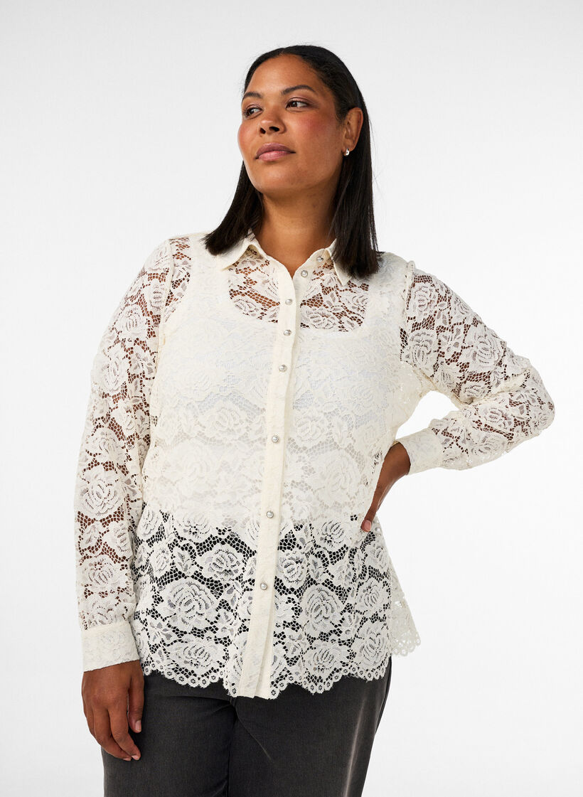 Lace shirt with pearl buttons, Vanilla, Model image number 0