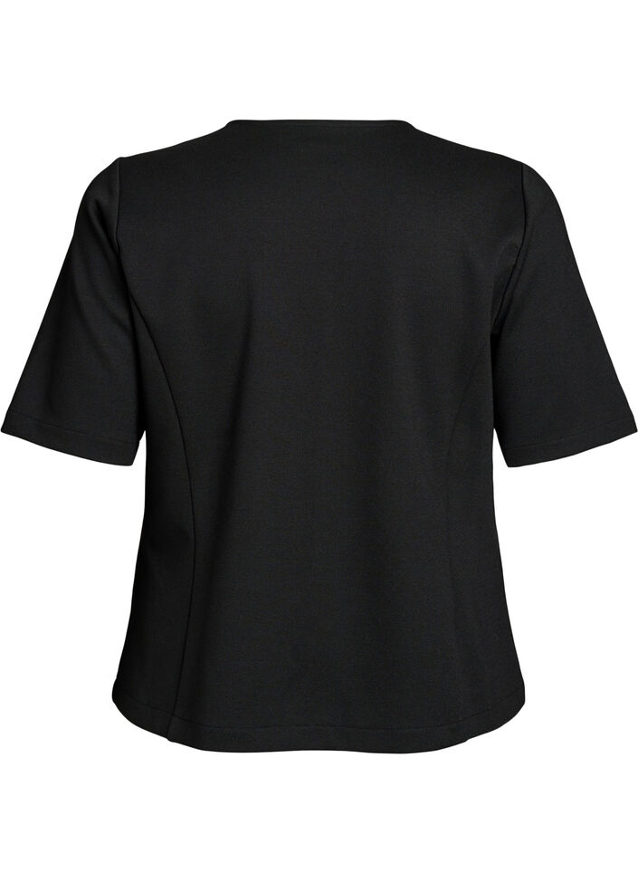 Blouse with asymmetric wrap effect and short sleeves, Black, Packshot image number 1