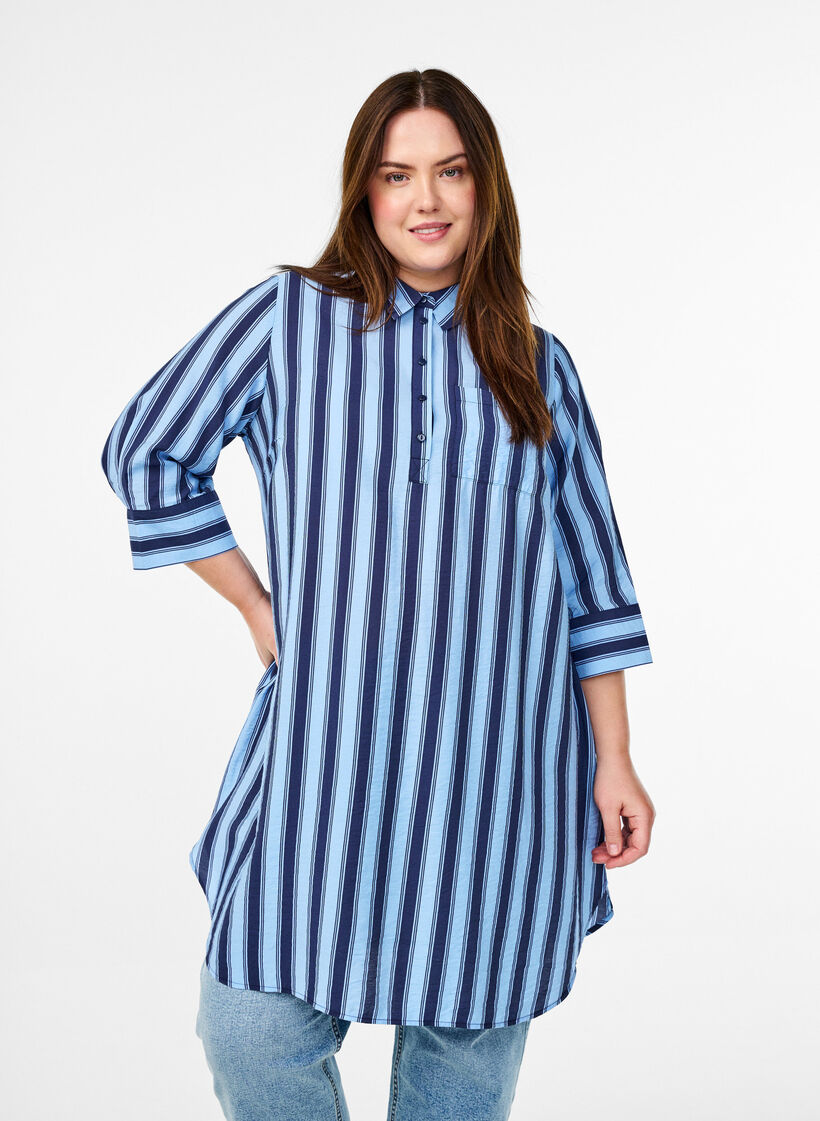 Short dress with collar and chest pocket, Blue, Model image number 0