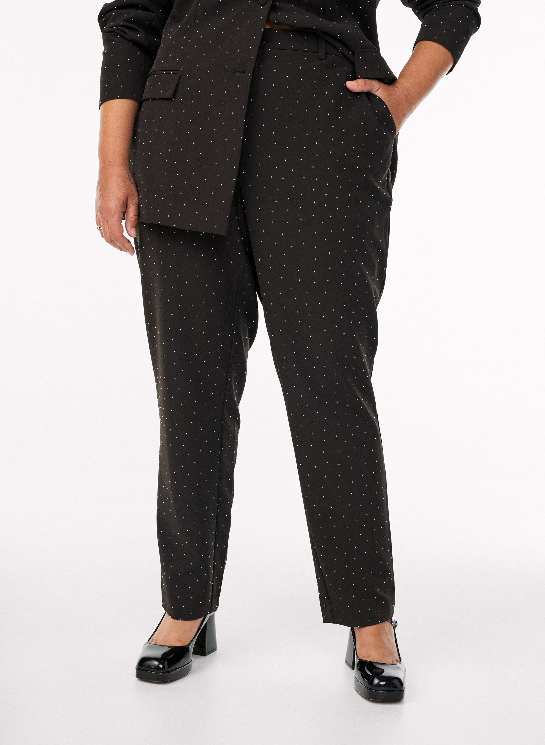 Zizzifashion Trousers with rhinestones and a high waist, Black, Model image number 2