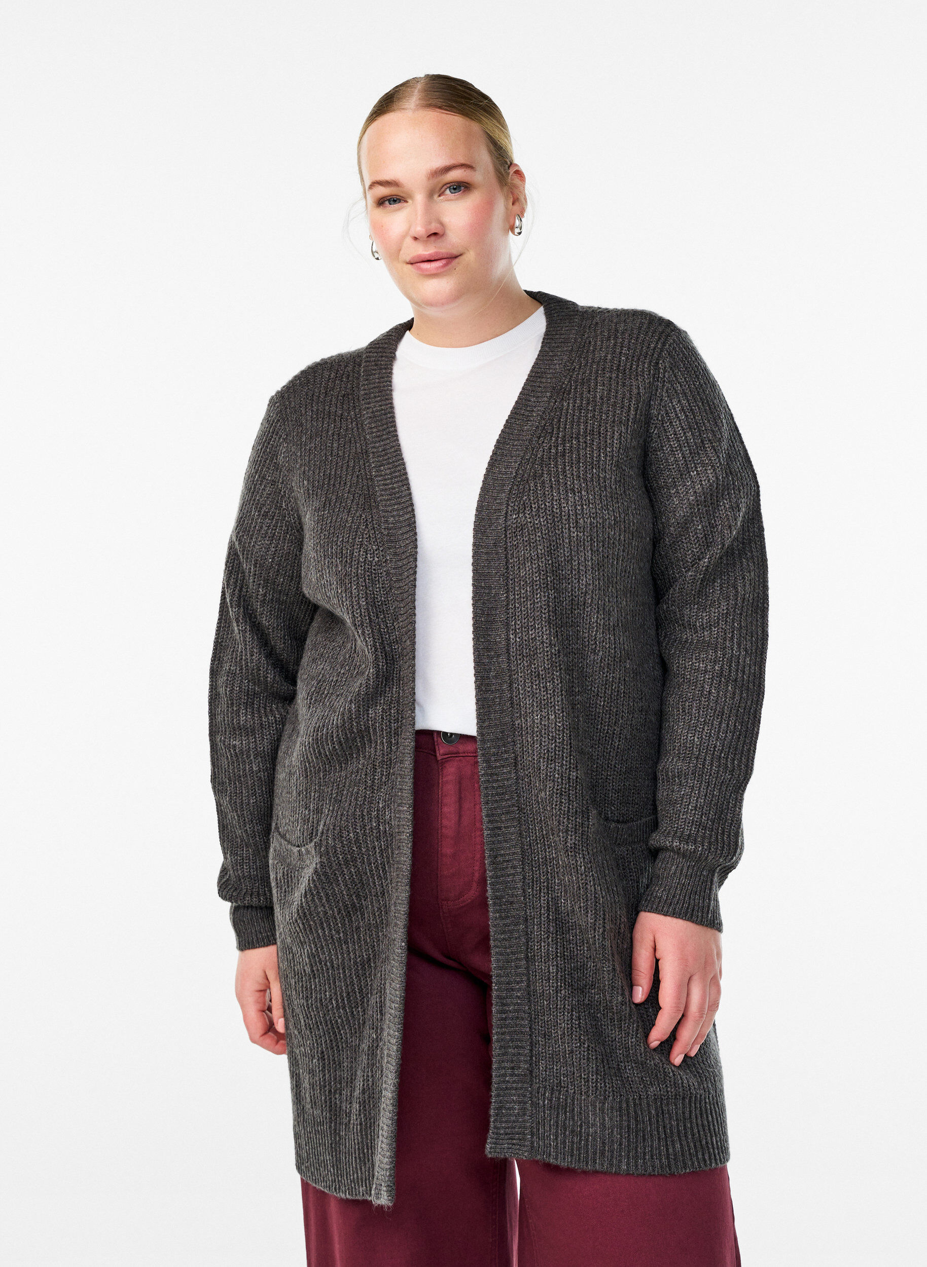 FLASH - Long rib knit cardigan with pockets, Dark Grey, Model