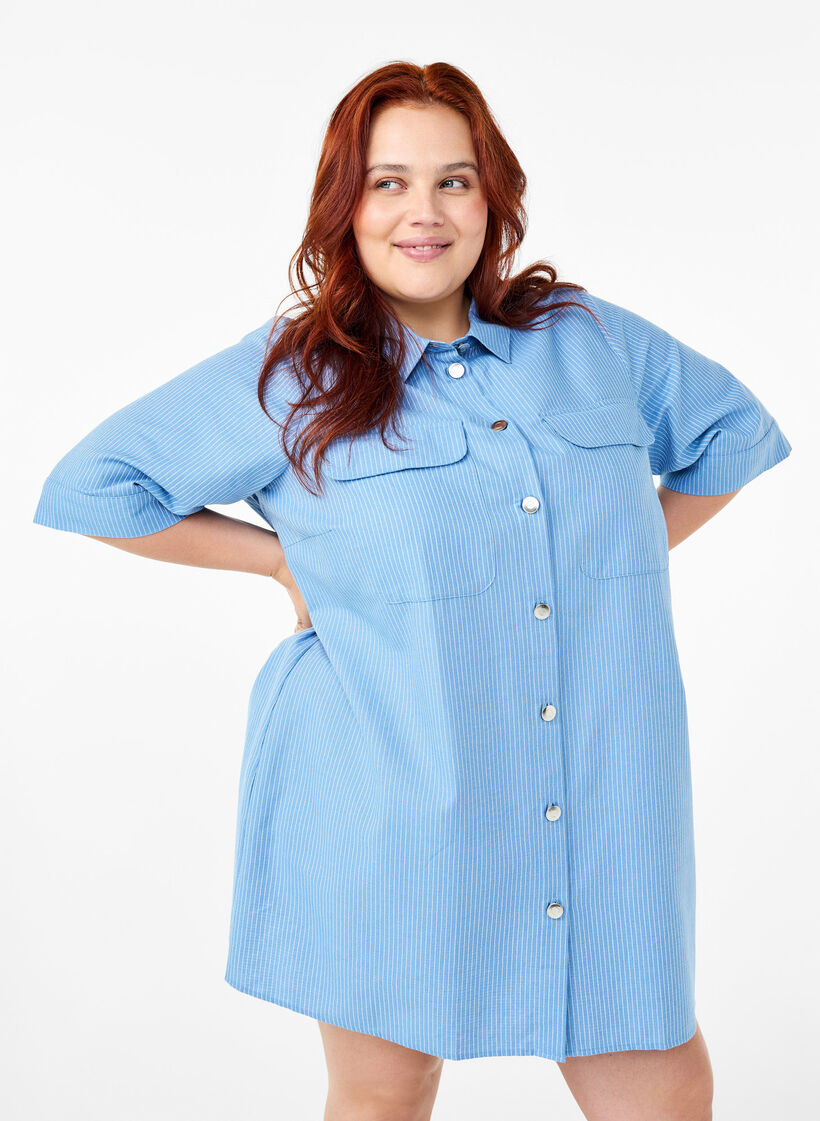 Striped tunic with buttons and chest pockets, Light Blue, Model image number 0
