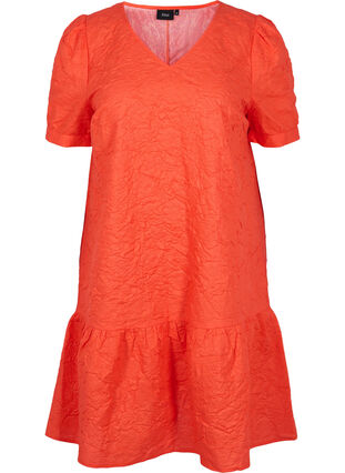 Textured dress with short puff sleeves, Mandarin Red, Packshot image number 0