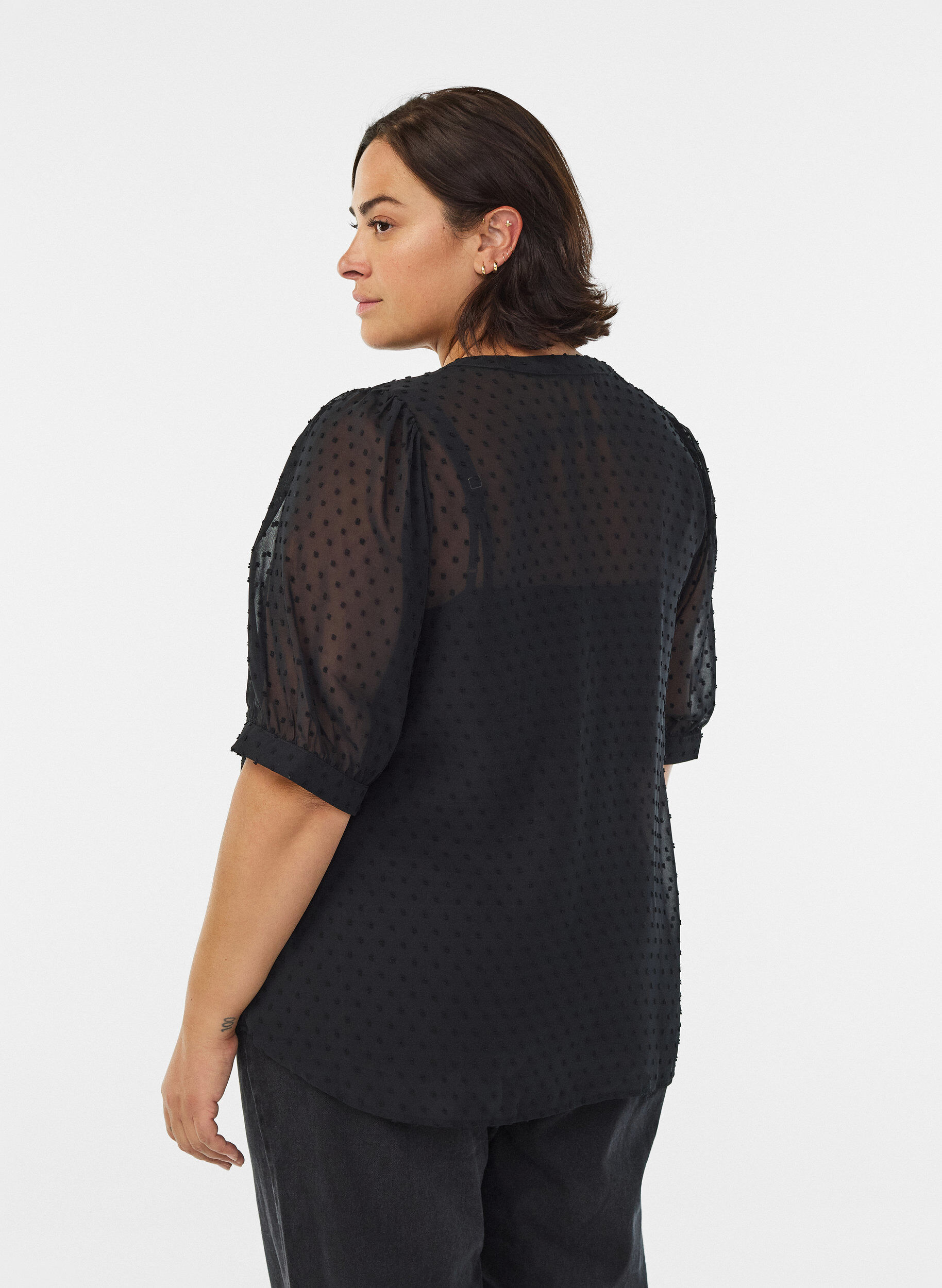 Zizzifashion Short-sleeved shirt blouse with dotted texture, Black, Model image number 2