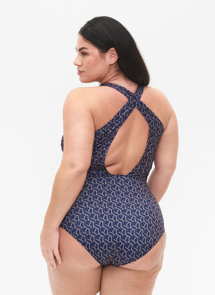 Swimsuit with print and crossed back, Text Print, Model image number 1