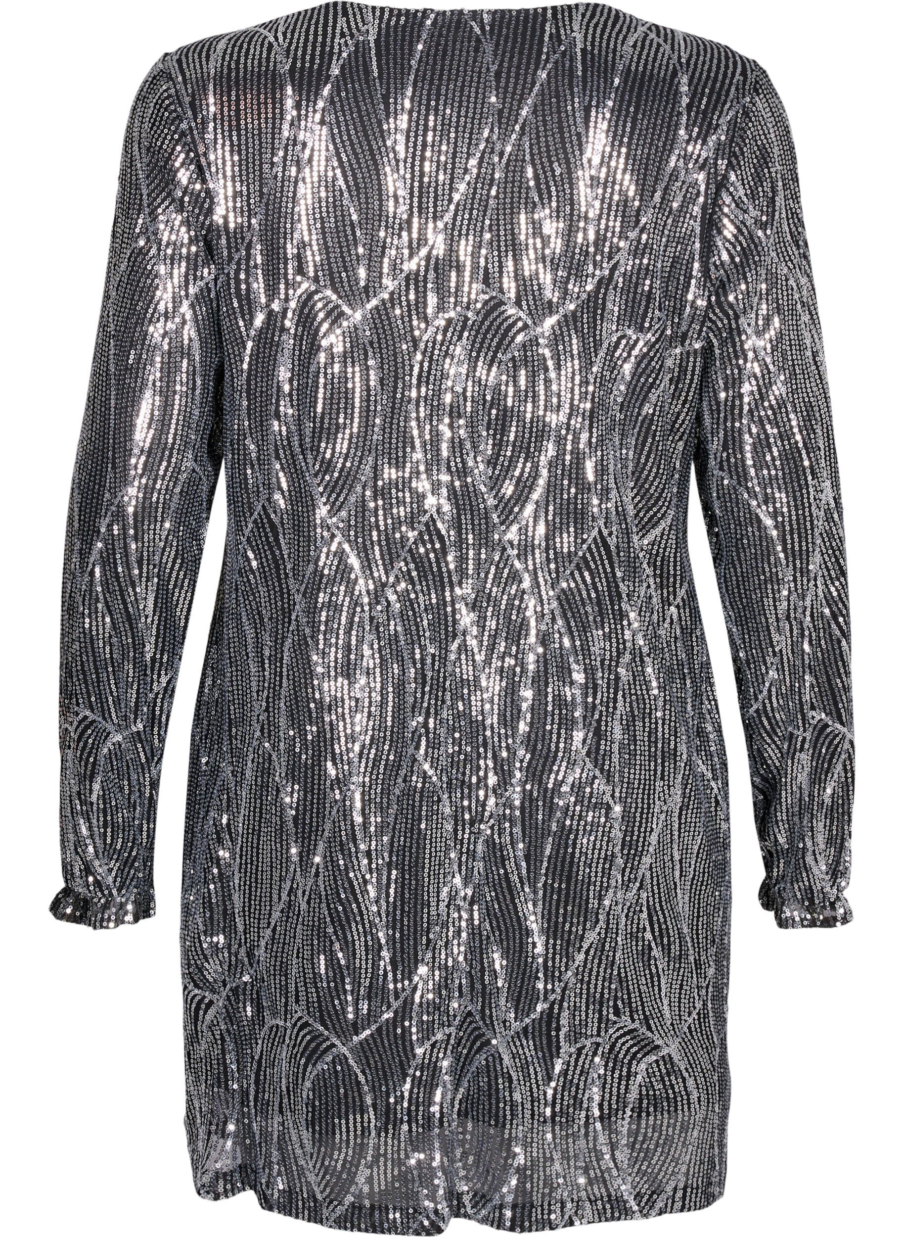 Zizzifashion Long-sleeved sequin dress with pattern, Silver Sequins, Packshot image number 1