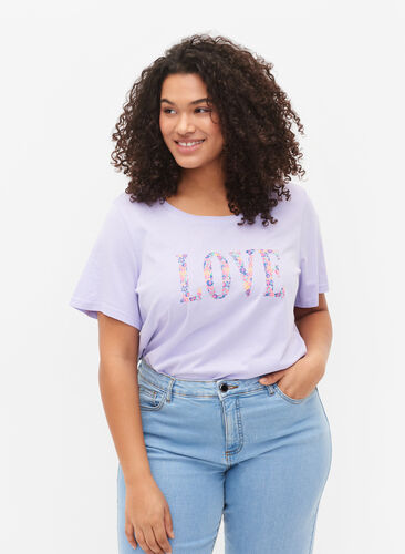 Cotton t-shirt with round neck and print, Lavender W. Love, Model image number 0