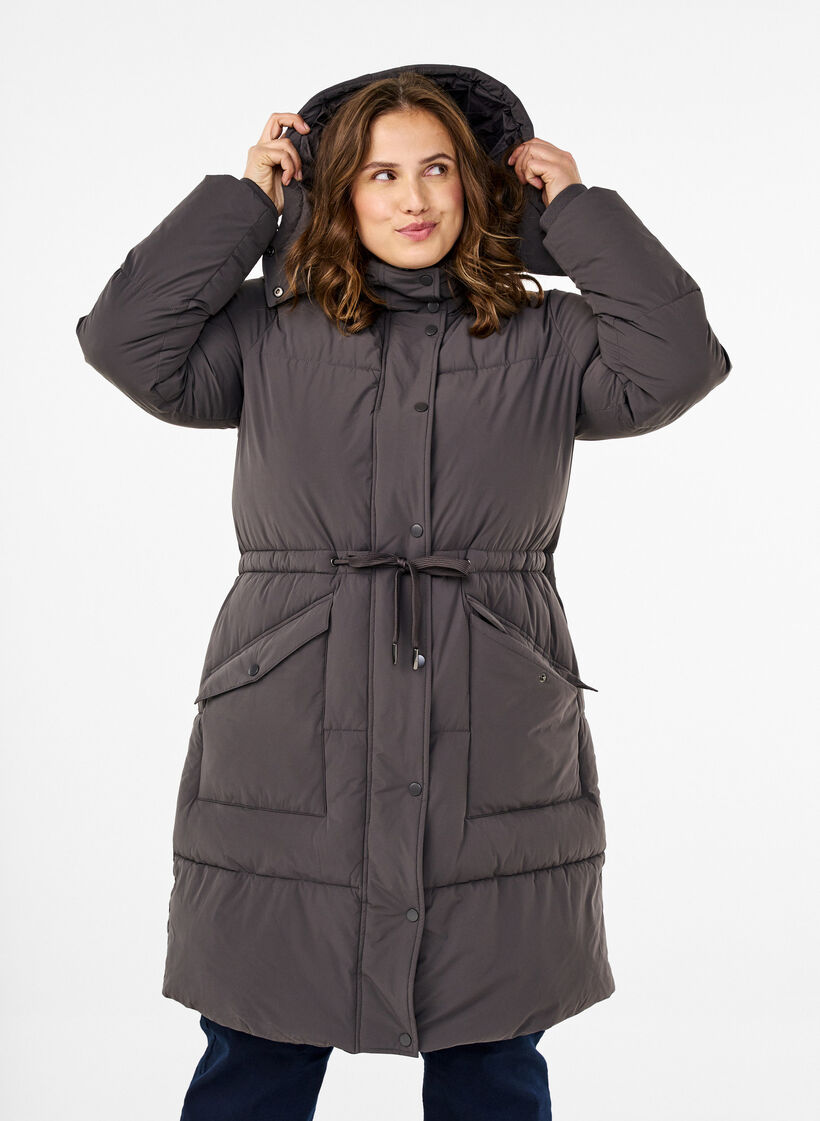 Puffer coat with adjustable waist, Grey, Model image number 0