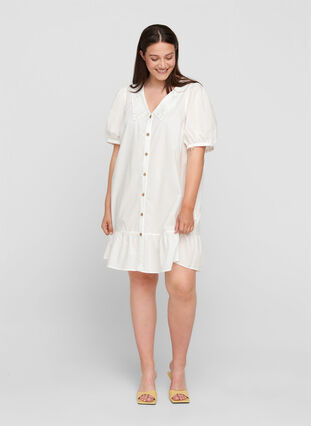 Cotton shirt dress with balloon sleeves, Bright White, Model image number 2