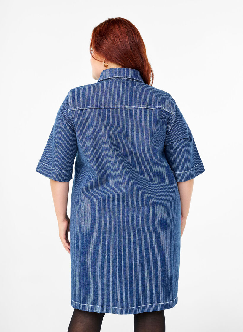 Pinstripe denim dress with chest pockets, Blue Denim Stripe, Model image number 1