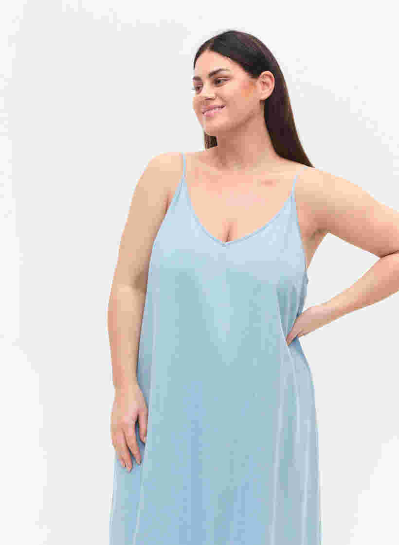Long denim dress with thin straps, Light blue denim, Model image number 2