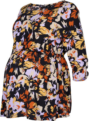 Maternity blouse in viscose and print, Black Flower AOP, Packshot image number 0