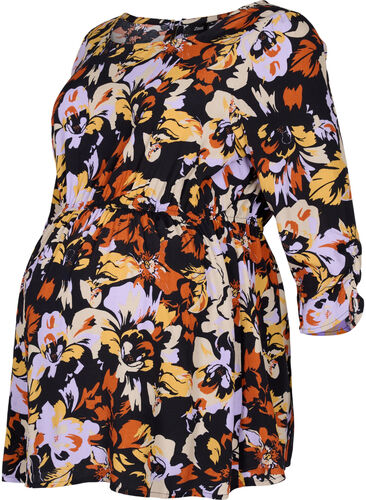 Maternity blouse in viscose and floral print, Black Flower AOP, Packshot image number 0