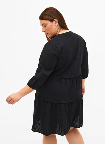 3/4 sleeve cotton dress with ruffles, Black, Model image number 1
