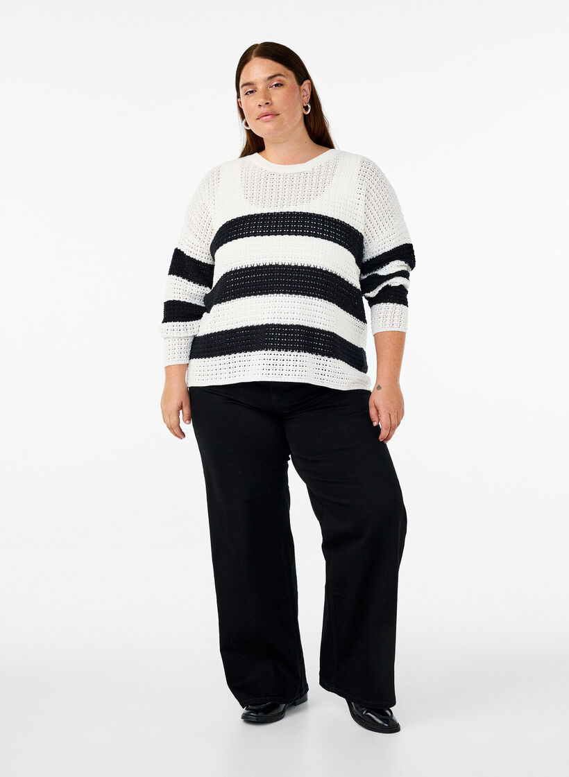 Long-sleeved striped knitted blouse, Vanilla, Model image number 1