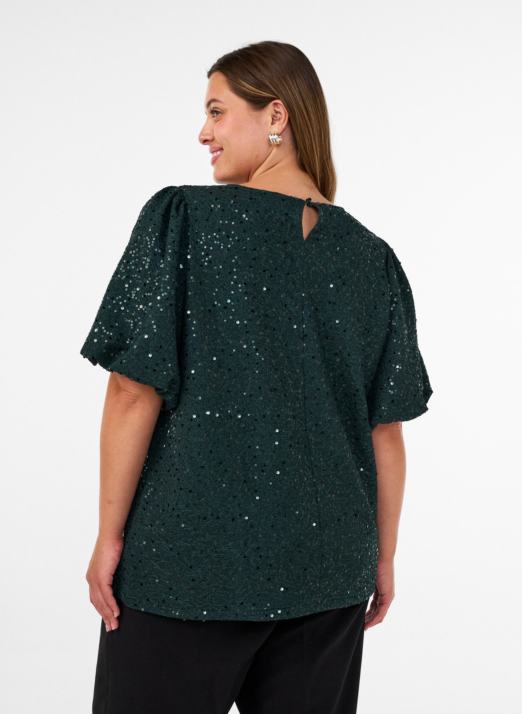 ZizzifashionSequin blouse with balloon sleeves, Green, Model image number 2