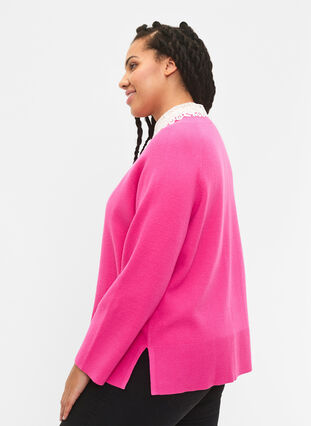 Viscose blend pullover with side slit	, Raspberry Rose, Model image number 1