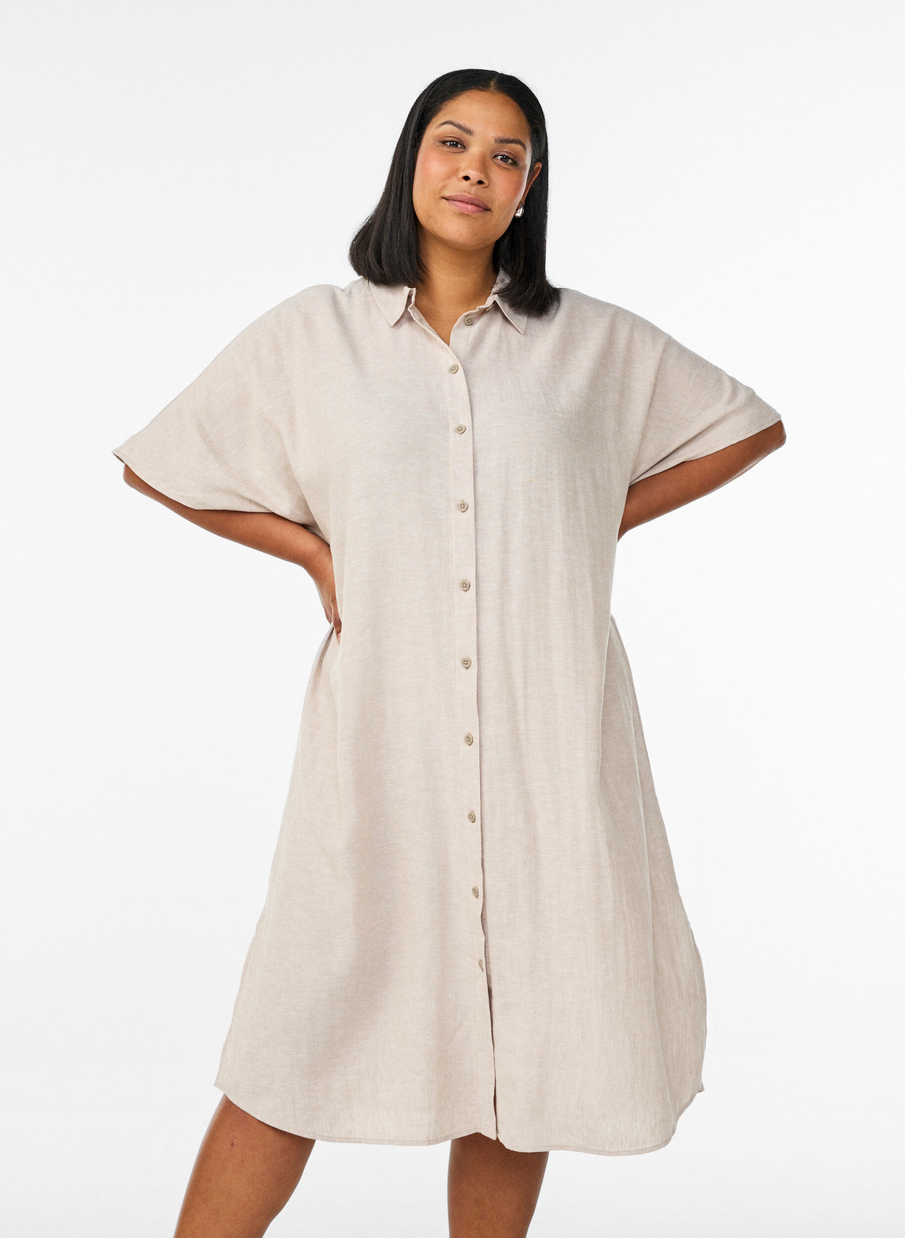 Zizzifashion Shirt dress in linen and viscose with short sleeves, Beige, Model image number 0