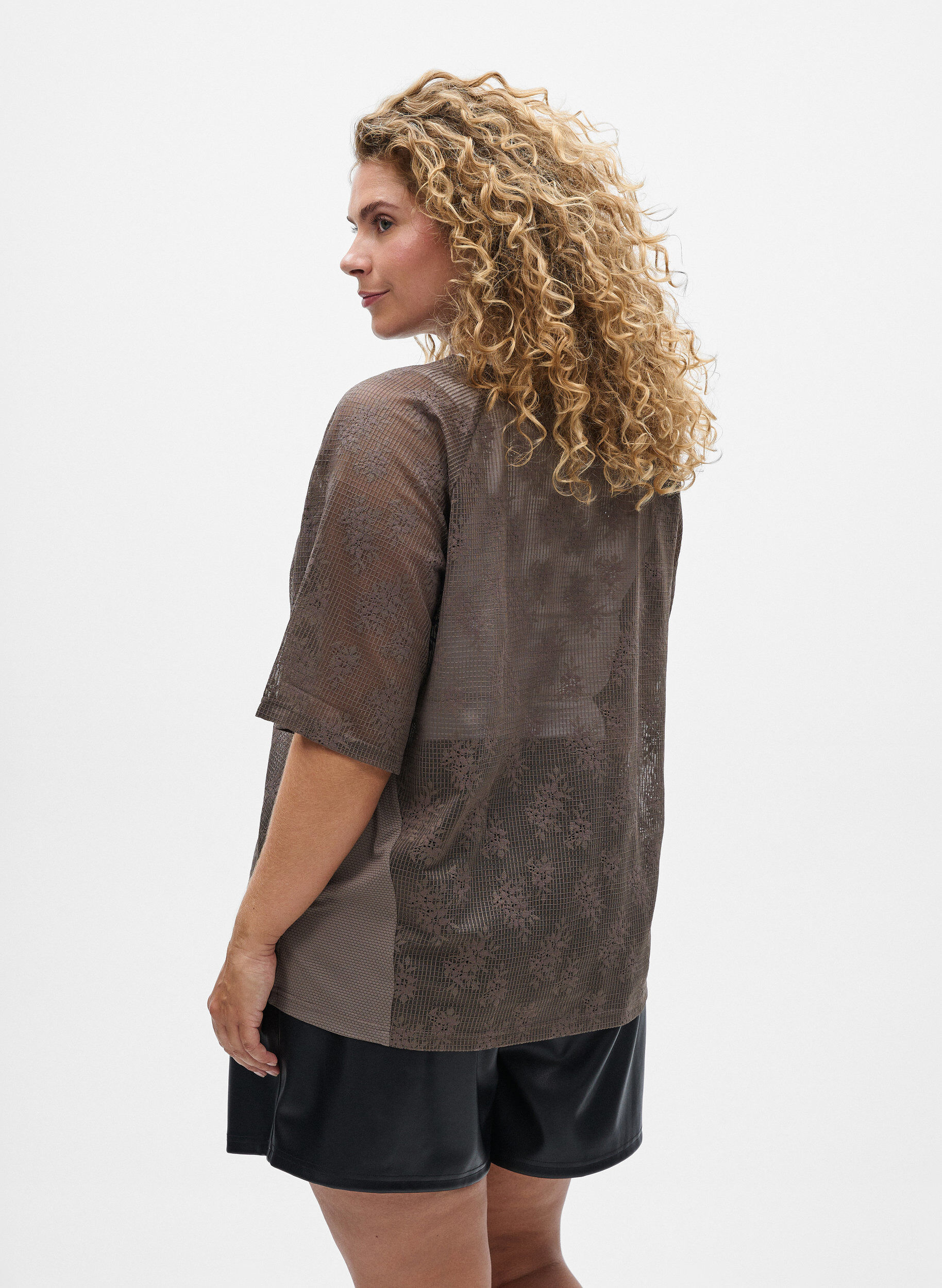 Zizzifashion Lace T-shirt with text print, Brown, Model image number 2