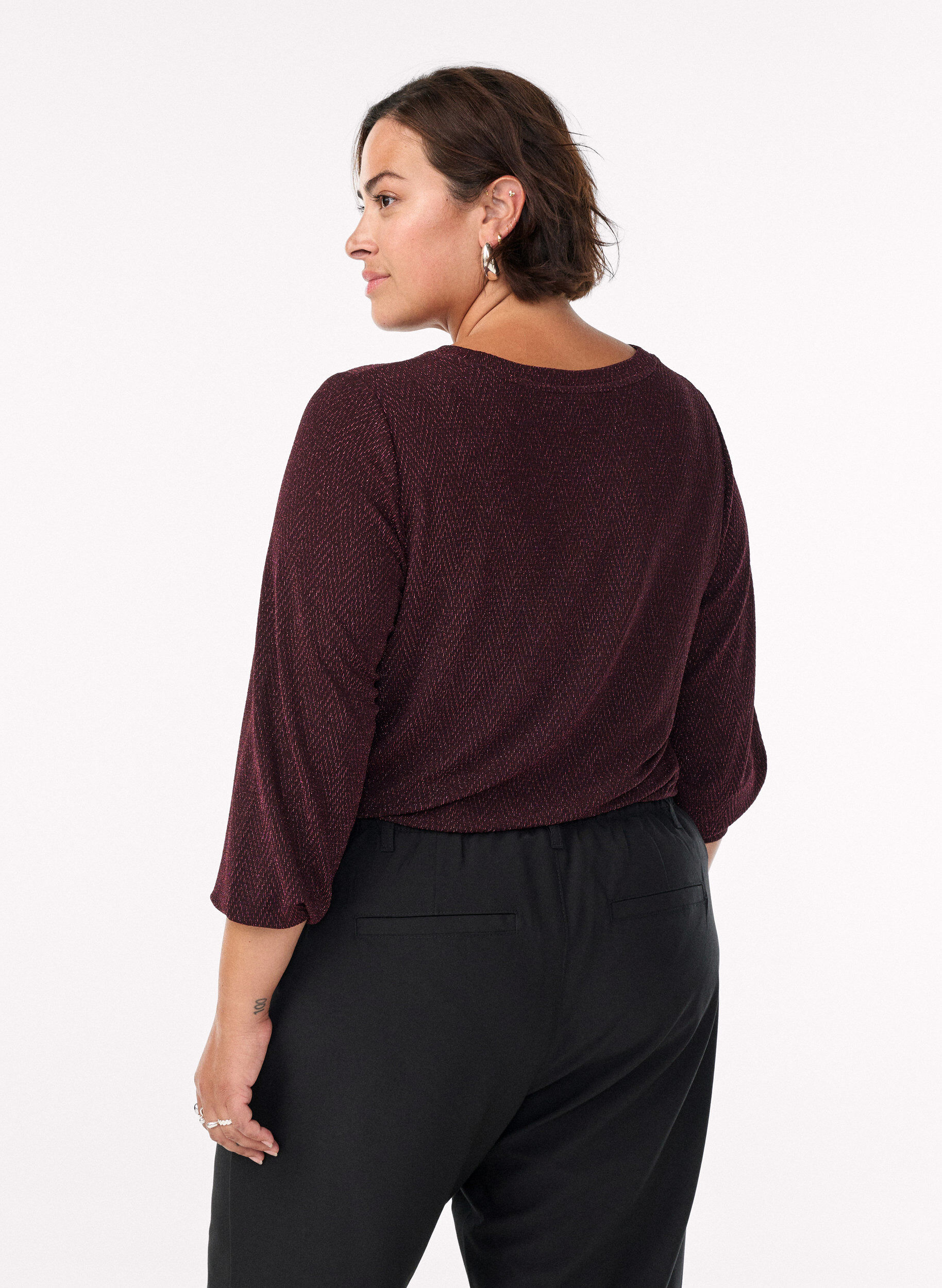 ZizzifashionBlouse with herringbone pattern and glitter thread, Dark Bordeaux, Model image number 2