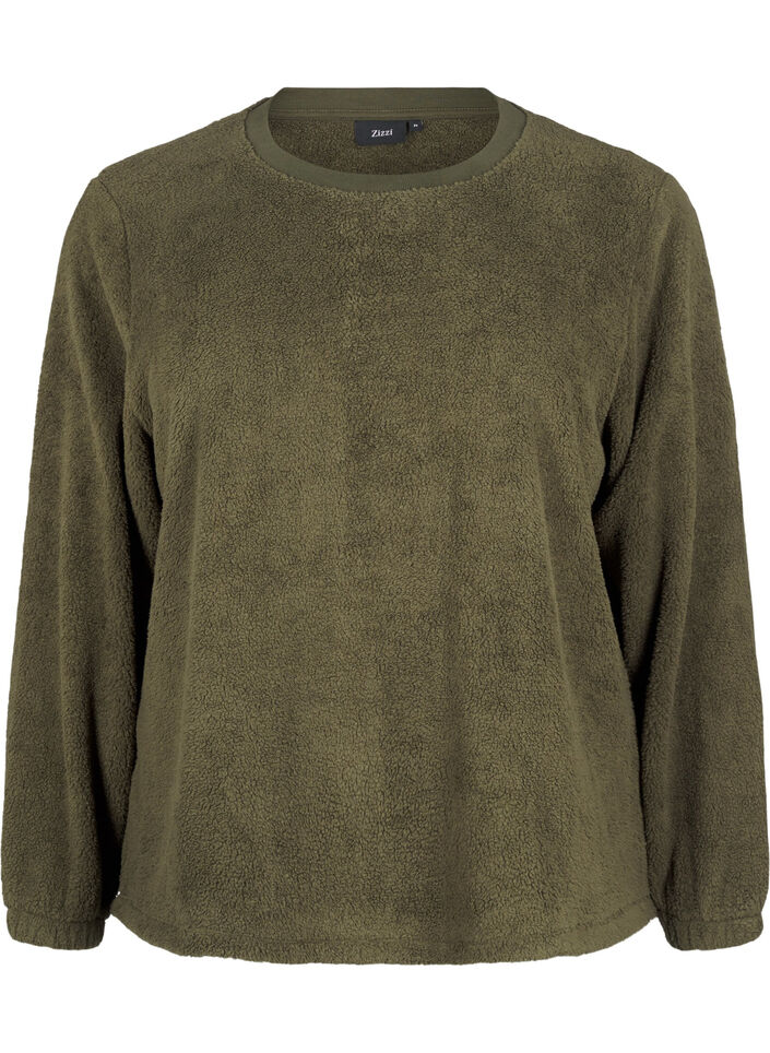 Loose teddy blouse with round neck, Forest Night, Packshot image number 0