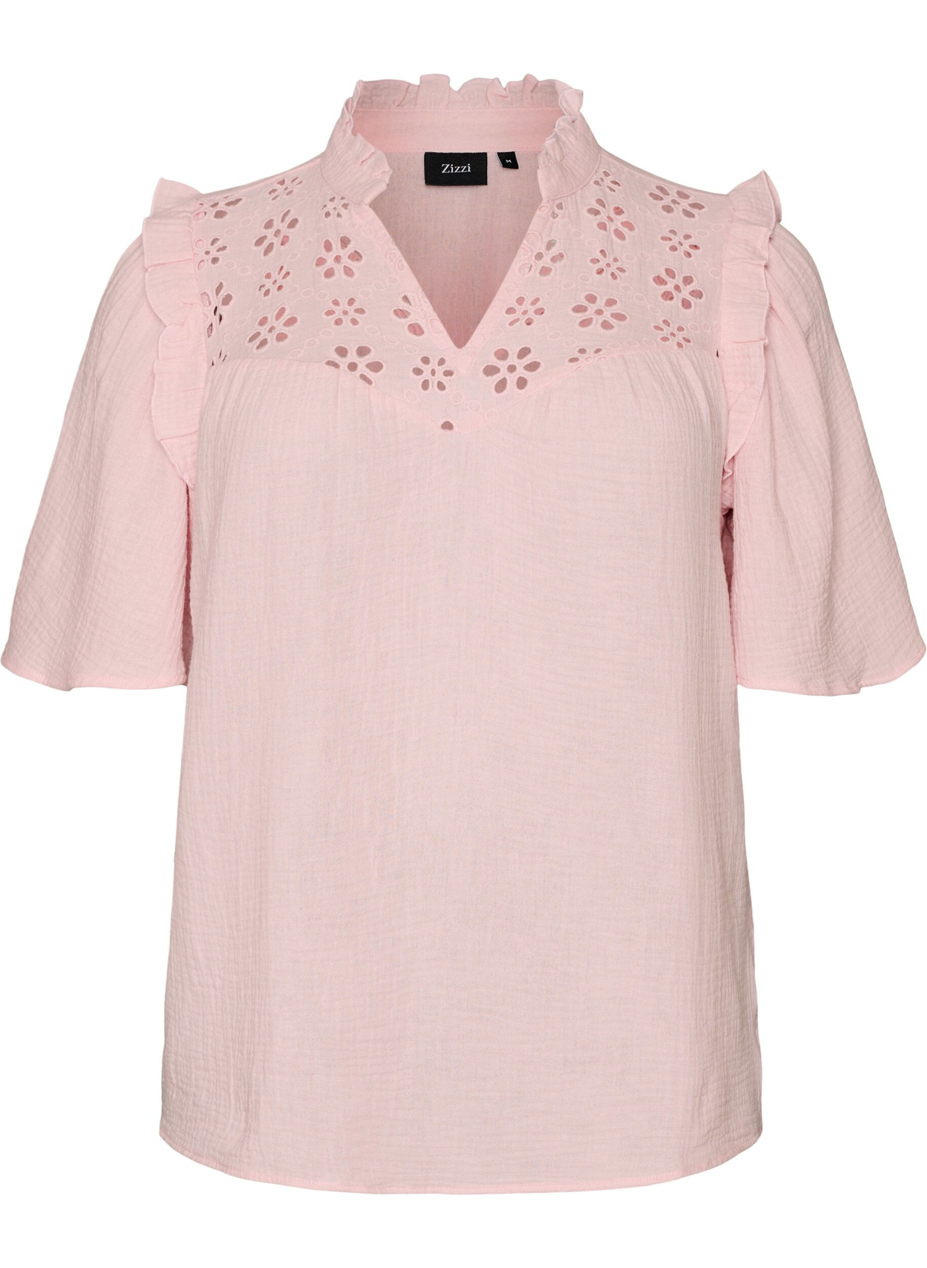 Zizzifashion Blouse in cotton muslin with broderie anglaise and 1/2 sleeves, Rose, Packshot image number 0