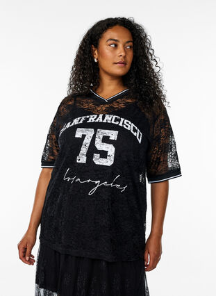 Sporty lace t-shirt with a loose fit - Black - Sz. 40-64 - Zizzifashion Sporty lace t-shirt with a loose fit - Black - Sz. 40-64 - Zizzifashion
