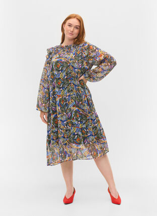 Colourful midi dress with smocking and long sleeves, Vibrant Leaf, Model image number 3