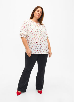Floral viscose blouse with half sleeves, B. White Rose Flower, Model image number 2