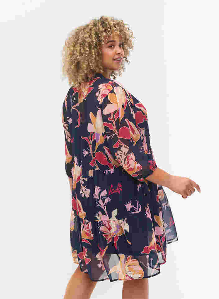 Floral tunic with 3/4 sleeves and ruffle collar, Big Flower AOP, Model image number 1