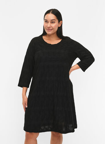 FLASH - Dress with texture and 3/4 sleeves, Black, Model image number 0
