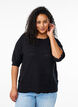Knitted blouse with a striped openwork pattern and short sleeves, Black, Model image number 0