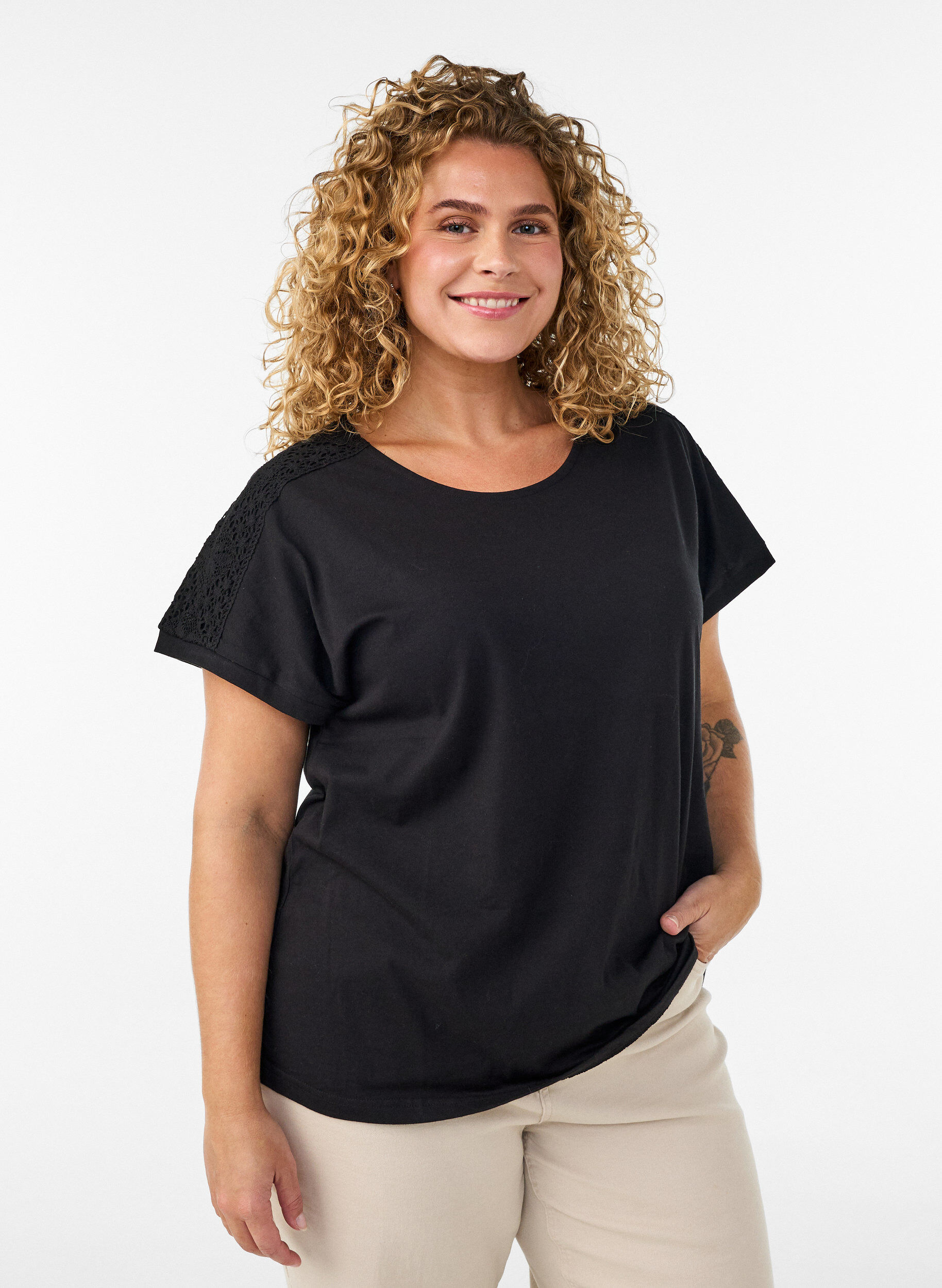 ZizzifashionCotton T-shirt with crochet detail, Black, Model image number 0